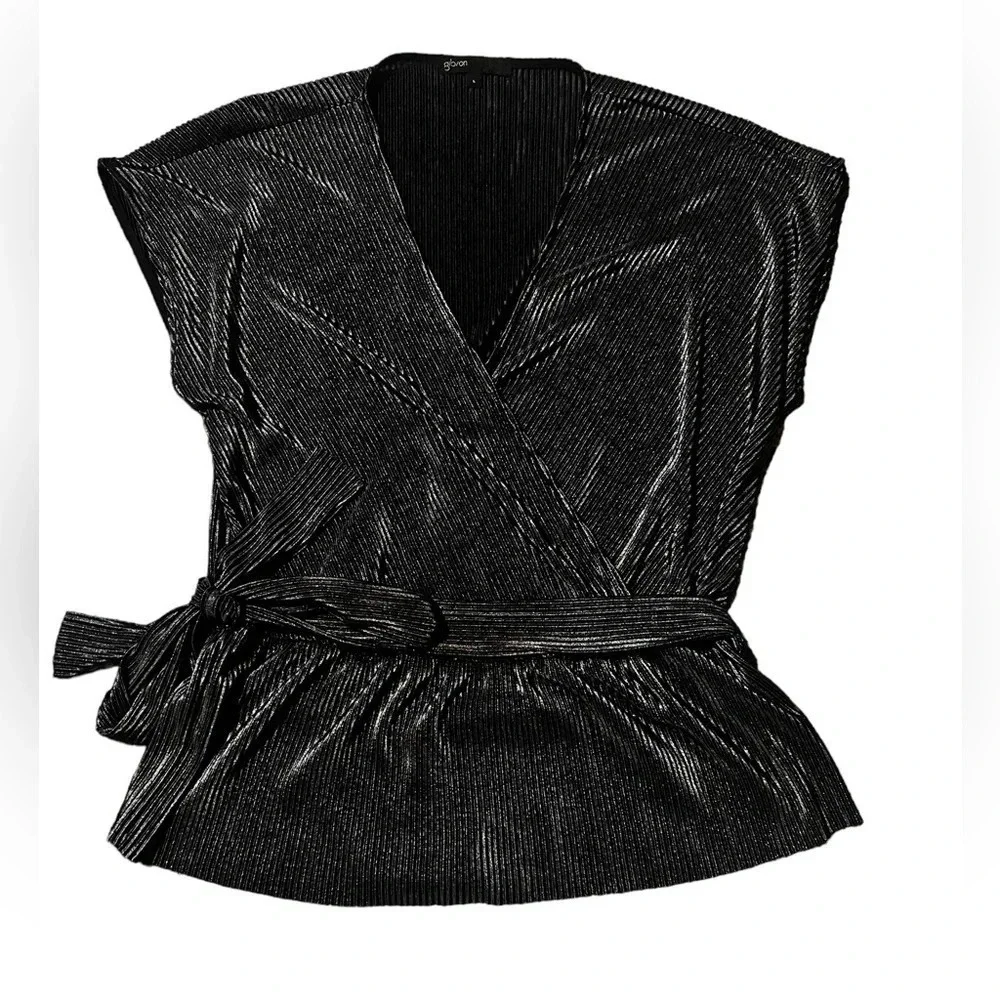 Gibson Black Shimmer Faux Wrap V-Neck Blouse Metallic Party Top Size Large
